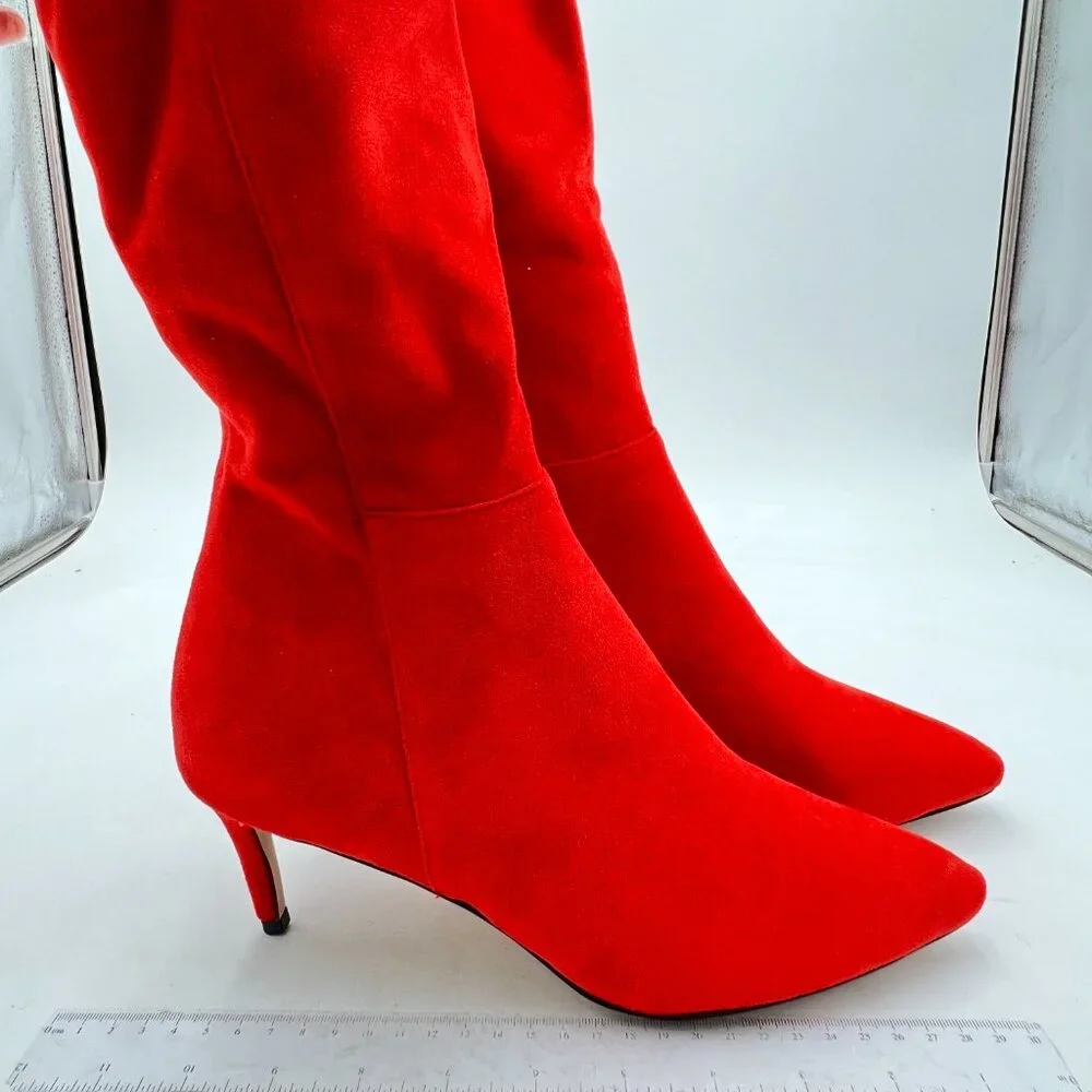 Red Suede Pointed Toe Over The Knee Boot Side Zip Mid Heel Thigh High Boots